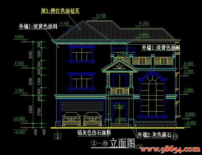 首层面积231平方米3层别墅全套CAD图纸正立面图