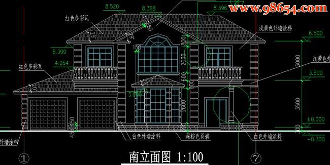 两层299平米天虹花园别墅建筑施工图正立面图