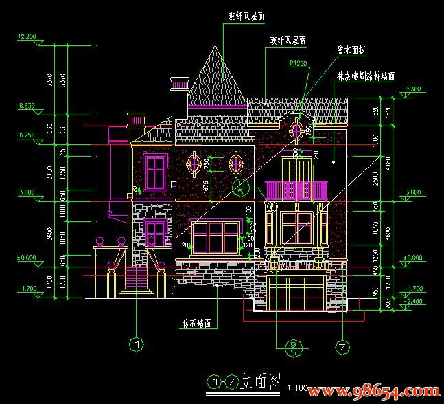 首层面积223平方米2层独体别墅建筑图纸正立面图