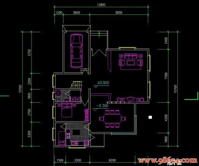 首层面积200平方米2层C型别墅施工图一楼平面图