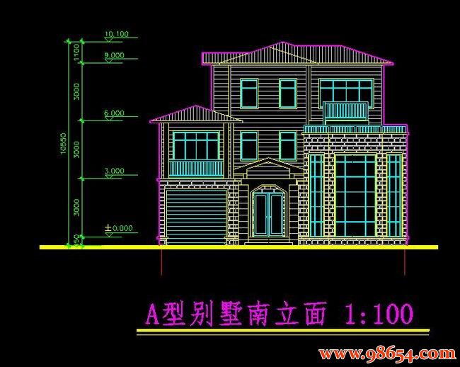 首层面积178平方米3层农村别墅建筑施工图正立面图