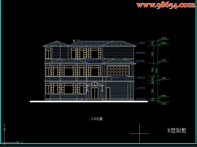 三层6室3厅7卫别墅设计施工图B正立面图