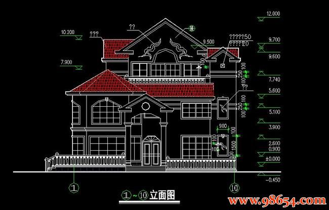 首层面积149平方米3层独栋别墅施工图正立面图