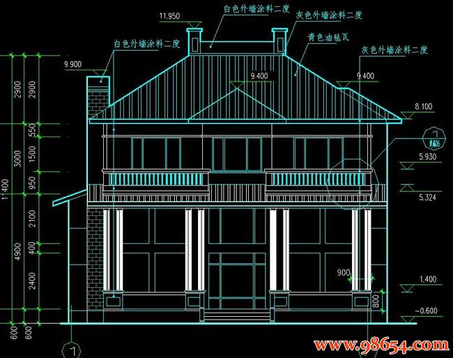 首层180平方米2层春天花园别墅建筑图正立面图