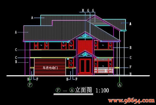 首层面积374平方米2层别墅全套CAD图纸正立面图