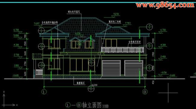 两层6室3厅3卫农村住宅施工图正立面图