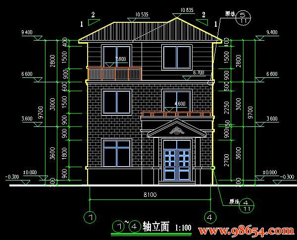 首层面积85平方米3层农村自建别墅设计施工图正立面图