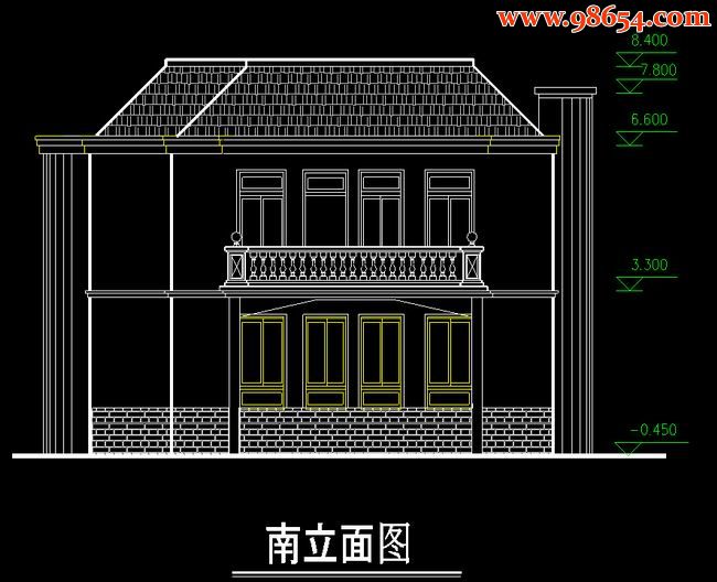 首层面积128平方米二层别墅建施图正立面图