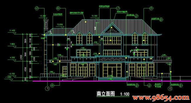 首层面积500平方米3层别墅设计全套建筑图正立面图