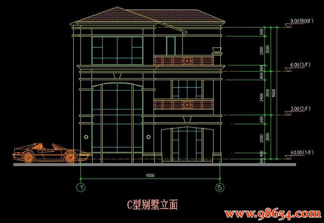 首层面积126平方米3层C型别墅设计施工图正立面图