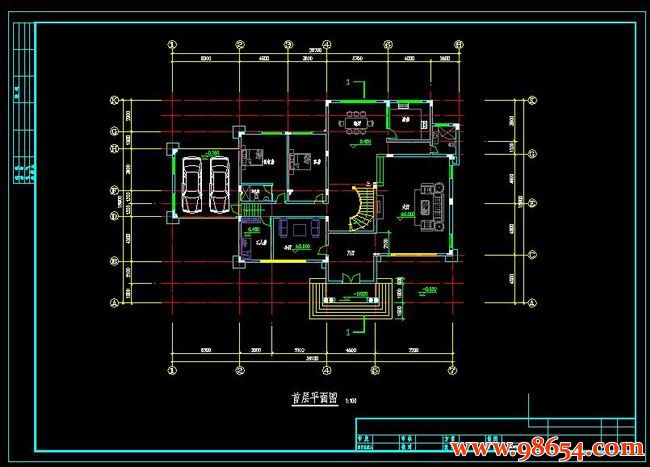 首层面积493平方米3层独栋别墅建筑施工图一楼平面图