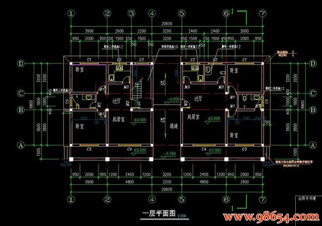 首层面积181平方米2层双拼别墅施工图一楼平面图