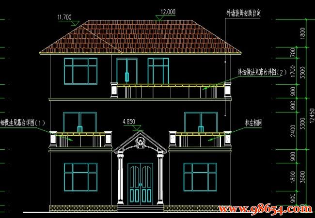 首层面积147平方米三层别墅设计图正立面图