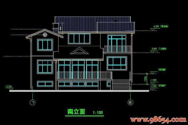 首层面积221平方米2层农村别墅设计施工图正立面图