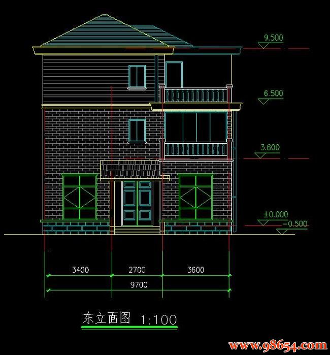 首层面积112平方米3层新农村独栋住宅施工方案正立面图