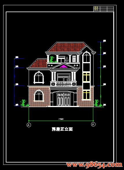 首层面积99平方米3层农村小别墅建筑施工图正立面图