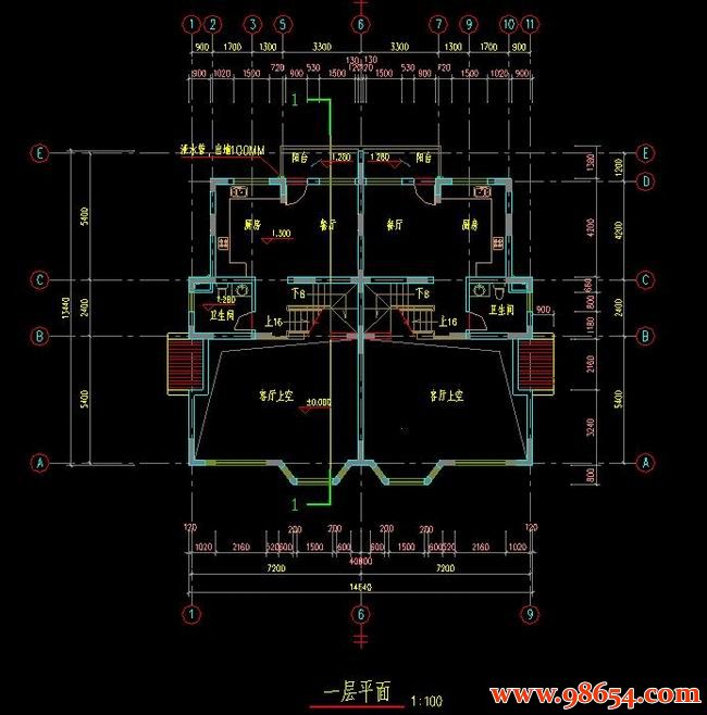 首层面积195平方米3层双拼别墅建筑施工图一楼平面图