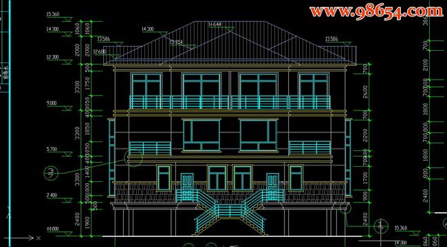 三层5室3厅5卫仿古别墅建筑图正立面图