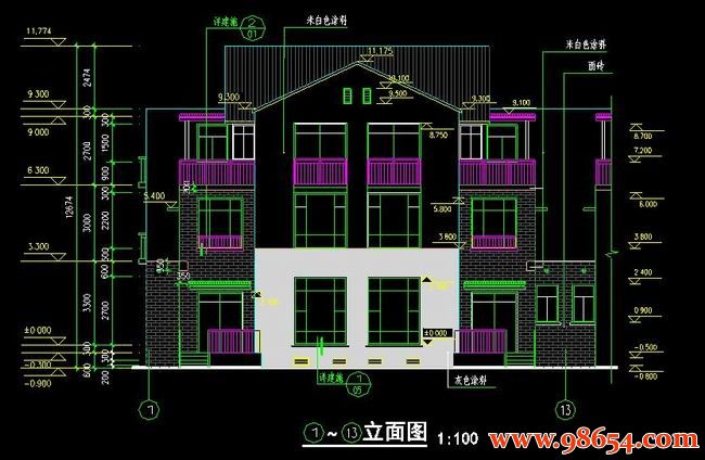 首层面积246平方米3层居住小区C型别墅建施图正立面图