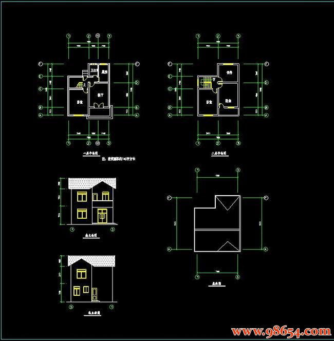 首层面积77平方米2层小型别墅施工图全套预览图