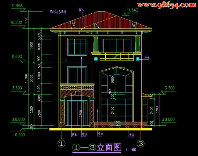 三层233平米水岸豪宝石A型别墅正立面图