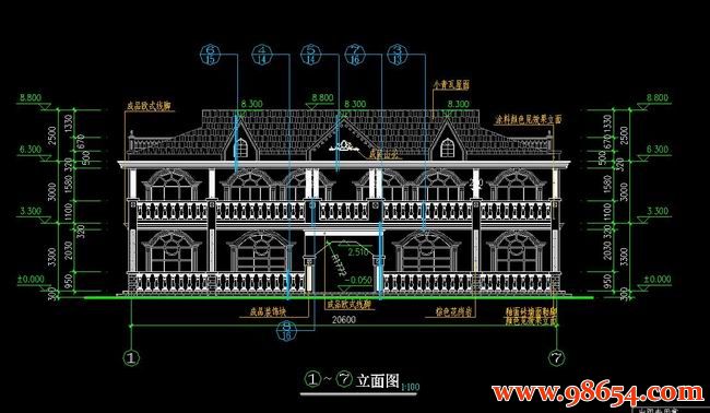  首层面积181平方米2层双拼别墅施工图正立面图