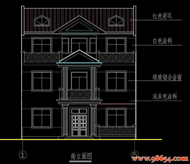 首层面积108平方米3层7室4厅4卫独栋别墅设计施工图正立面图