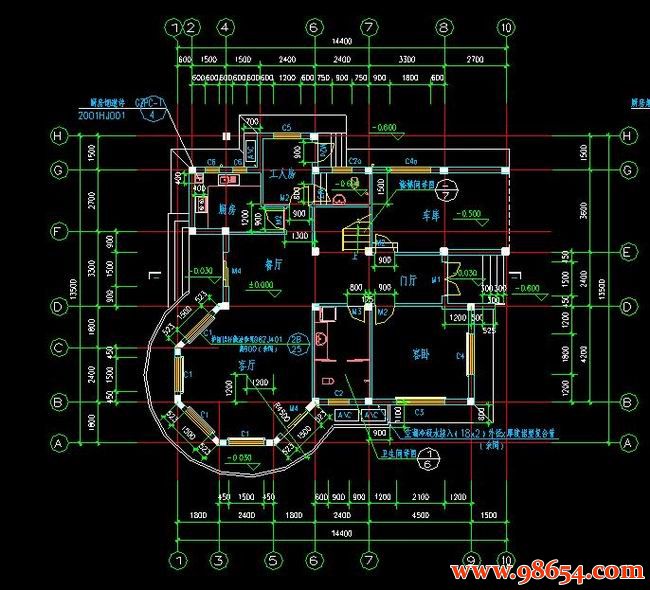 首层面积194平方米3层独体别墅建筑施工图一楼平面图