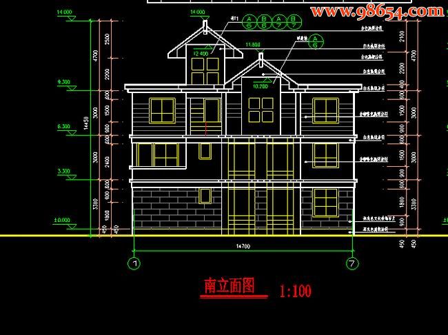 首层面积153平方米3层别墅施工图正立面图