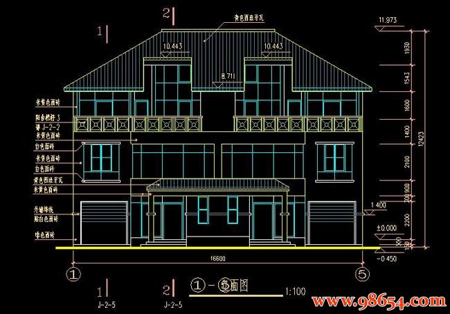 首层面积207平方米3层双拼别墅施工图正立面图