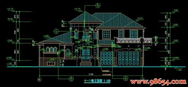 首层面积427平方米2层某花园别墅施工图正立面图