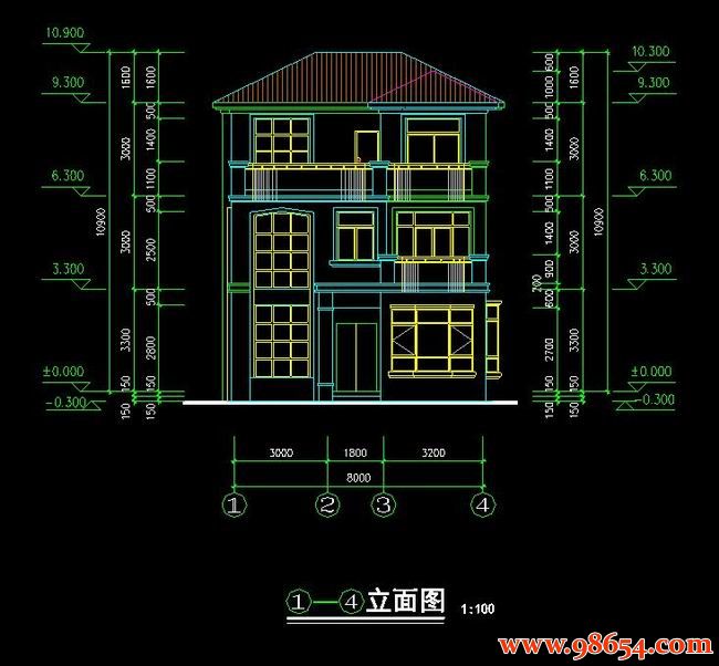 首层面积80平方米3层独栋农村别墅详图正立面图