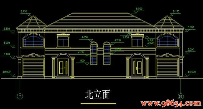 首层面积356平方米2层欧美别墅方案正立面图