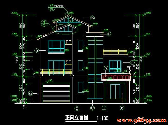 首层面积183平方米3层别墅施工图正立面图