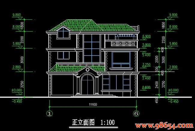 首层面积126平方米2层别墅施工图正立面图