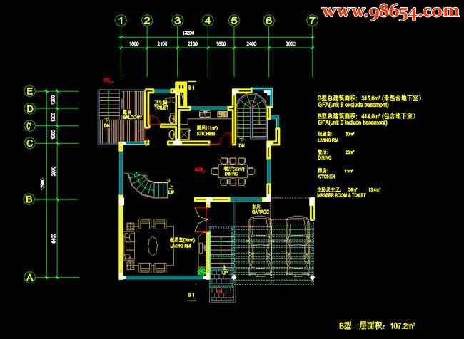 首层99平米3层B型别墅施工图一楼平面图