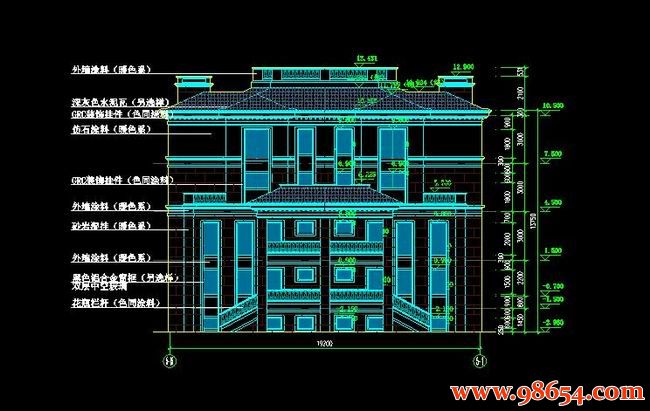 首层面积329平方米3层单套双拼别墅施工图正立面图