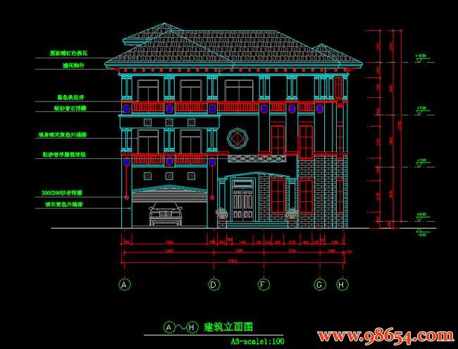 首层面积266平方米三层豪华意大利式别墅建筑图正立面图