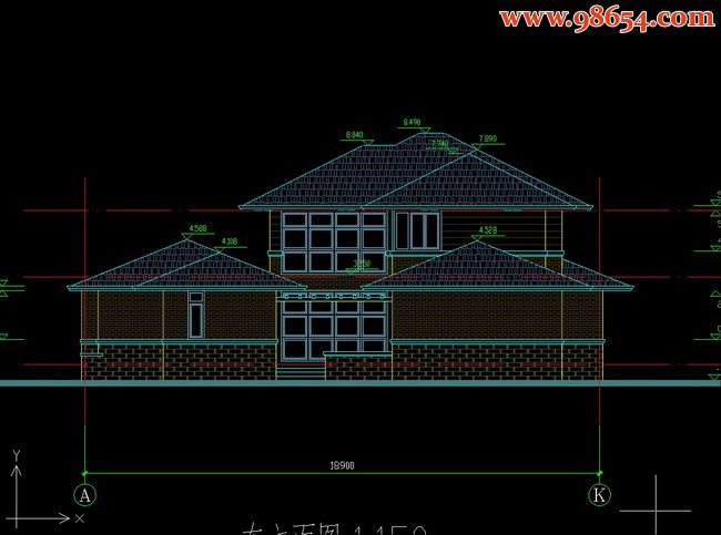 两层5室3厅4卫别墅建筑施工图正立面图