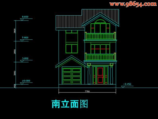 首层面积92平方米3层J型住宅楼施工图正立面图