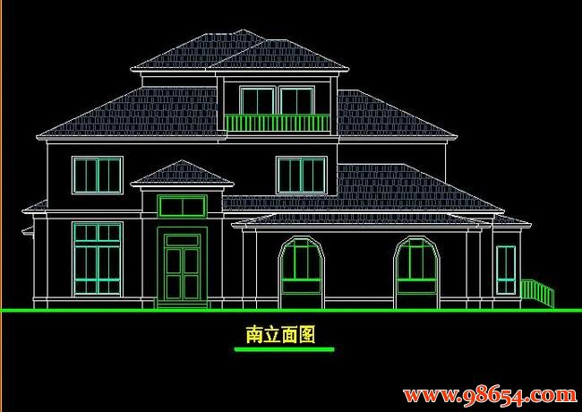 首层面积373平方米3层别墅施工图正立面图