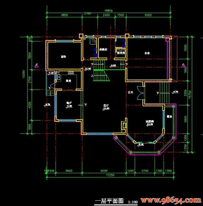 首层面积227平方米3层农村别墅建筑施工图一楼平面图