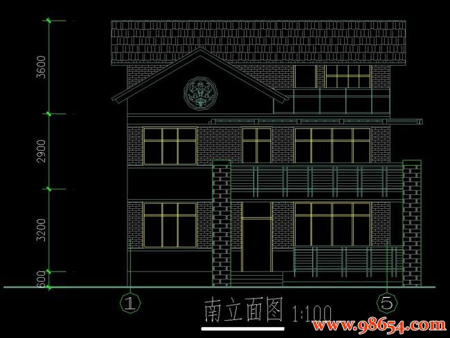 首层面积133平方米3层独栋新农村别墅施工图正立面图