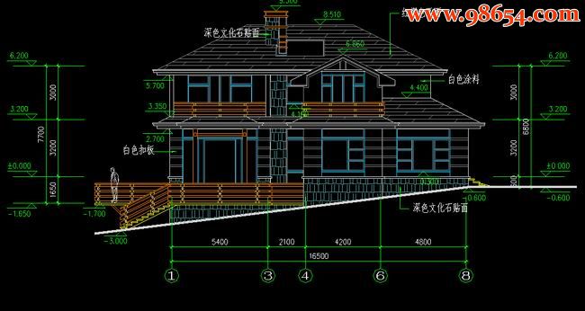 首层247平米2层独立别墅施工图正立面图