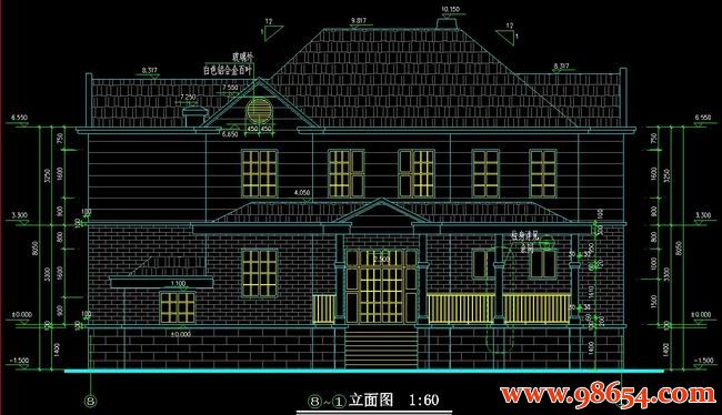 首层面积269平方米2层带地下室独栋别墅施工图正立面图