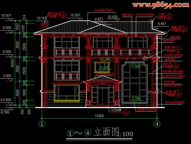 两层443平米欧式别墅建筑正立面图