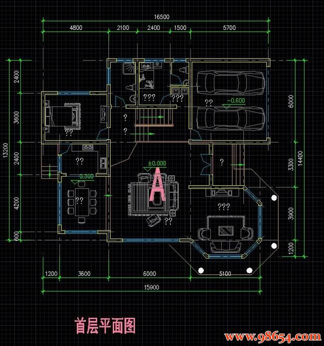 首层面积228平方米3层独栋坡屋顶别墅施工图一楼平面图