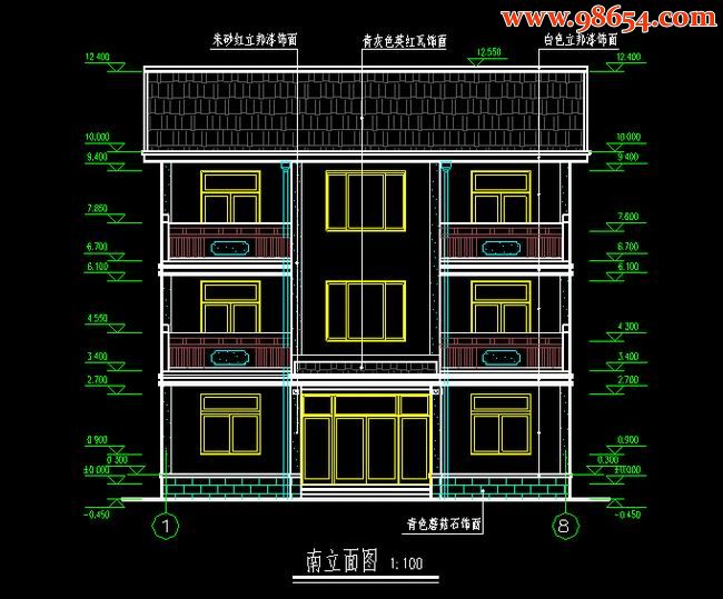 首层面积146平方米3层高级别墅施工图正立面图