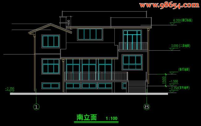 首层208平方米2层城市别墅施工图正立面图