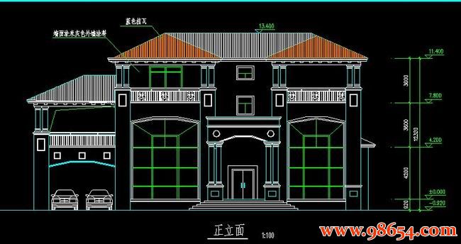 首层面积493平方米3层独栋别墅建筑施工图正立面图